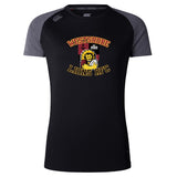 The Westshore Lions Women's Elite Training Tee by WRS Canterbury is a black and gray short-sleeve shirt adorned with the "Westshore Lions RFC" logo, showcasing a lion and anchor design. Crafted from lightweight fabric, this tee provides comfort and style for athletes on the move.