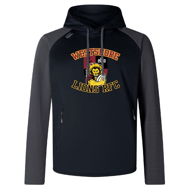 The Westshore Lions Elite Training Hoody by Canterbury, from WRS Canterbury, comes in black with gray sleeves and showcases "Westshore Lions RFC" along with a lion logo on the front. It is crafted from lower impact materials to maximize performance and comfort.
