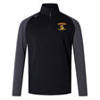 The Westshore Lions Women's Elite First Layer by Canterbury, under the EMB Canterbury brand, is a black and gray long-sleeve half-zip top made with honeycomb fabric. It features VapoDri technology for superior moisture control and showcases a vibrant yellow and red emblem on the chest.
