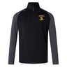 The Westshore Lions Women's Elite First Layer by Canterbury, under the EMB Canterbury brand, is a black and gray long-sleeve half-zip top made with honeycomb fabric. It features VapoDri technology for superior moisture control and showcases a vibrant yellow and red emblem on the chest.