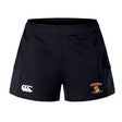Featuring a left-side lion logo and "Northbridge Lions RFC" text, the black performance sports shorts are made from recycled materials. On the right, they showcase a white EMB Canterbury logo. These sustainable sportswear shorts are known as the Westshore Lions Women's Advantage Short 2.0 by Canterbury.