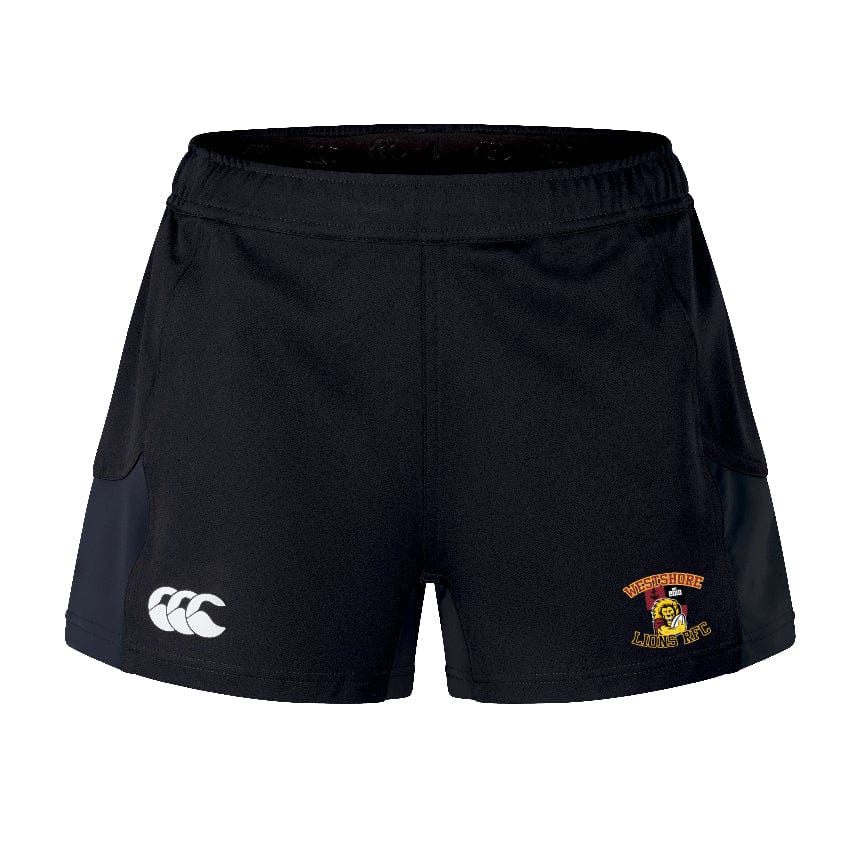 Featuring a left-side lion logo and "Northbridge Lions RFC" text, the black performance sports shorts are made from recycled materials. On the right, they showcase a white EMB Canterbury logo. These sustainable sportswear shorts are known as the Westshore Lions Women's Advantage Short 2.0 by Canterbury.