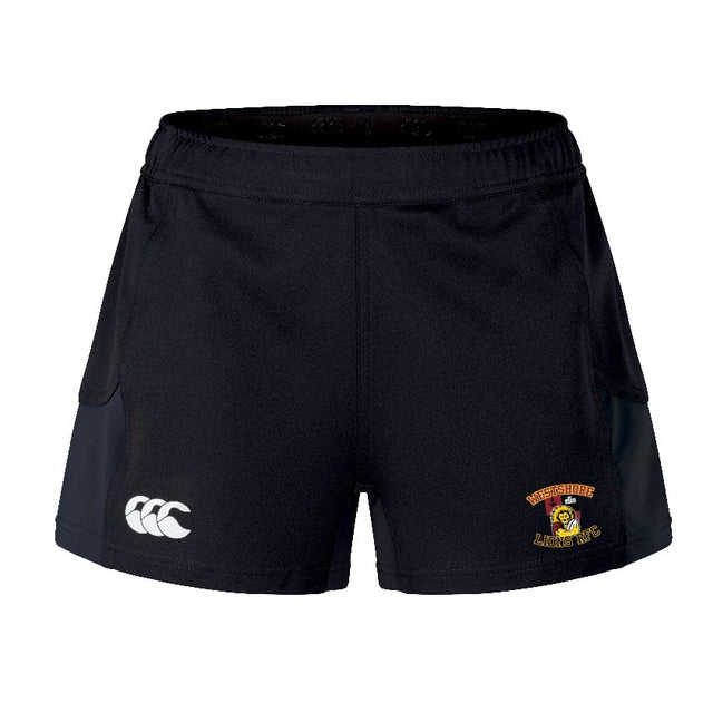 Featuring a left-side lion logo and "Northbridge Lions RFC" text, the black performance sports shorts are made from recycled materials. On the right, they showcase a white EMB Canterbury logo. These sustainable sportswear shorts are known as the Westshore Lions Women's Advantage Short 2.0 by Canterbury.