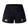 Featuring a left-side lion logo and "Northbridge Lions RFC" text, the black performance sports shorts are made from recycled materials. On the right, they showcase a white EMB Canterbury logo. These sustainable sportswear shorts are known as the Westshore Lions Women's Advantage Short 2.0 by Canterbury.