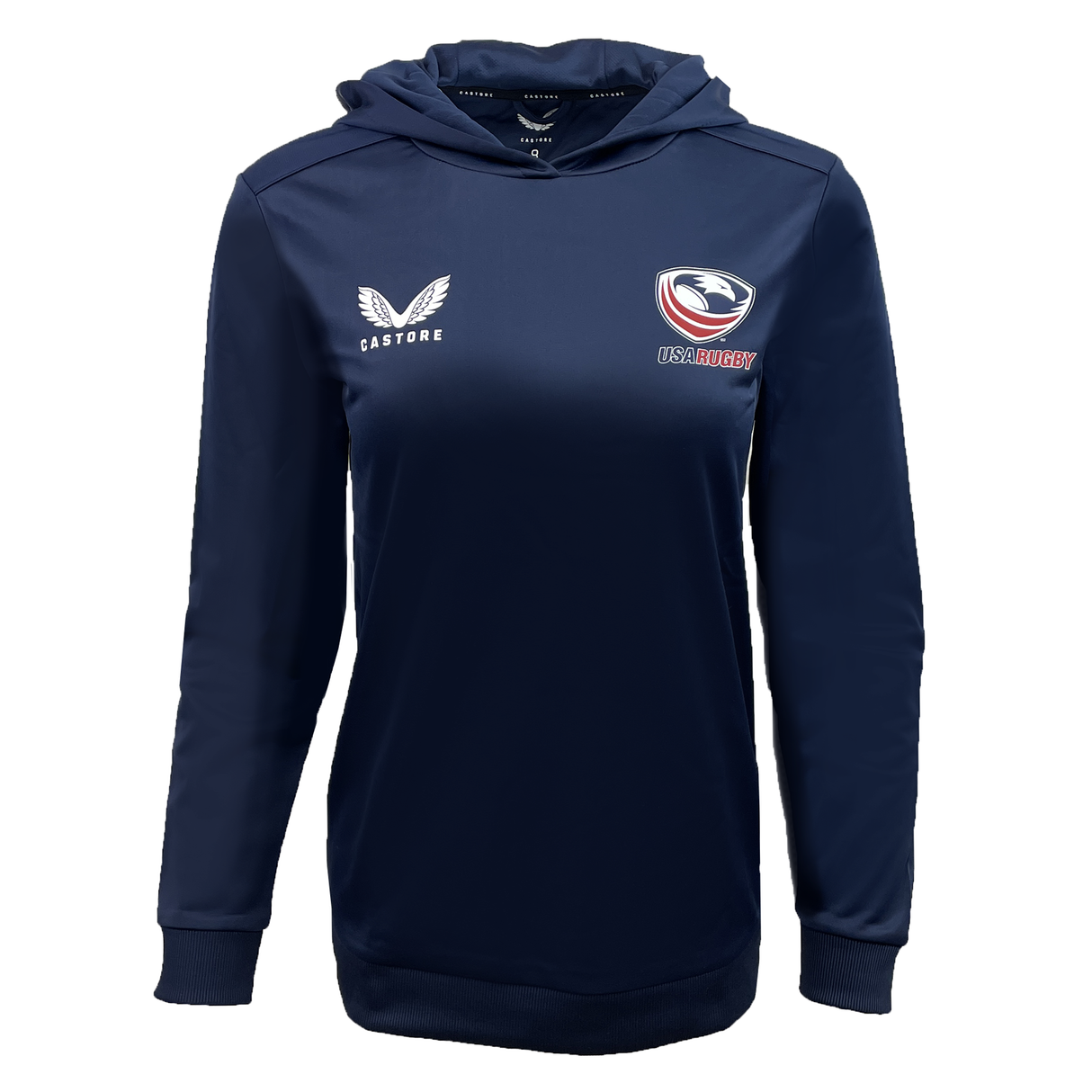 Navy Women's USA Rugby hoodie by Castore, featuring the iconic Eagles fans' logo and signature branding.