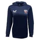 Navy Women's USA Rugby hoodie by Castore, featuring the iconic Eagles fans' logo and signature branding.