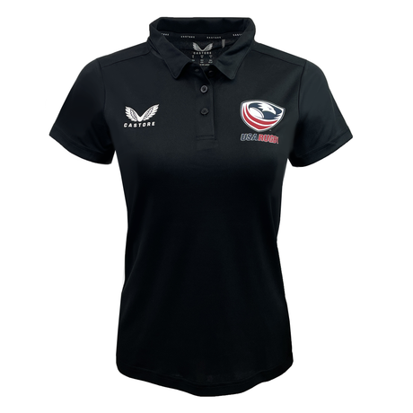 Women's USA Rugby Polyester Polo by Castore in black, featuring a USA Rugby logo on the left chest and the Castore emblem on the right.