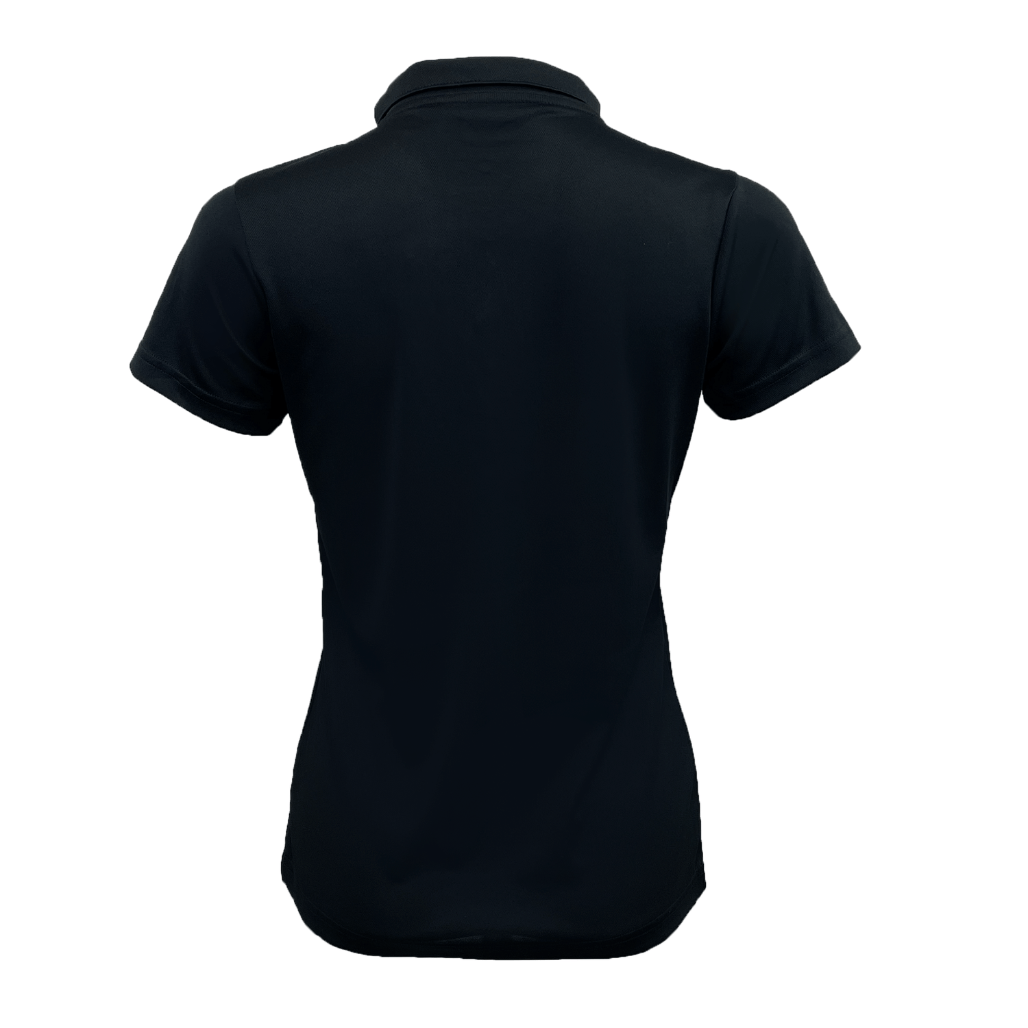 The image displays the Women's USA Rugby Polyester Polo by Castore, featuring a black short-sleeve design with a standard collar, viewed from the back. It's crafted for style and comfort, perfect for USA Rugby fans.