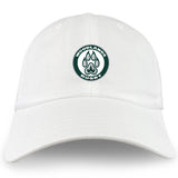 The Woodlands Youth Adult Low-Profile Cotton Twill Dad Cap by EMB S&S Activewear features a circular green and white "Woodlands Rugby" embroidered logo with a paw print on the front.