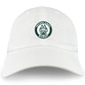 The Woodlands Youth Adult Low-Profile Cotton Twill Dad Cap by EMB S&S Activewear features a circular green and white "Woodlands Rugby" embroidered logo with a paw print on the front.