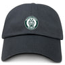 The EMB S&S Activewear Woodlands Youth Adult Low-Profile Cotton Twill Dad Cap features a black design with an embroidered green and white "Woodlands Rugby" logo and paw print on the front.