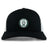 The Woodlands Youth Retro Trucker Cap by EMB S&S Activewear features a black and white design, a circular "Woodlands Rugby" paw print embroidery on the front, and an adjustable snapback closure.