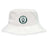 The EMB S&S Activewear Woodlands Youth Crusher Bucket Cap is a white cotton hat with a circular "Woodlands Rugby" logo and green paw print, offering sun protection, comfort, and style for outdoor enthusiasts.