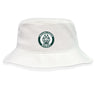 The EMB S&S Activewear Woodlands Youth Crusher Bucket Cap is a white cotton hat with a circular "Woodlands Rugby" logo and green paw print, offering sun protection, comfort, and style for outdoor enthusiasts.