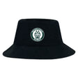 The Woodlands Youth Crusher Bucket Cap by EMB S&S Activewear is a black cotton hat with a front circular "Woodlands Rugby" logo and paw print, ideal for stylish sun protection during outdoor activities.