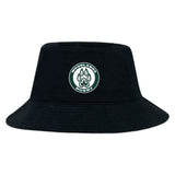 The Woodlands Youth Crusher Bucket Cap by EMB S&S Activewear is a black cotton hat with a front circular "Woodlands Rugby" logo and paw print, ideal for stylish sun protection during outdoor activities.