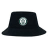 The Woodlands Youth Crusher Bucket Cap by EMB S&S Activewear is a black cotton hat with a front circular "Woodlands Rugby" logo and paw print, ideal for stylish sun protection during outdoor activities.