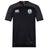 The Woodlands Youth Vapodri Evader Jersey by EMB Canterbury is a black short-sleeve rugby jersey with a round neck, Canterbury logo on the right chest, wolf paw emblem on the left, and moisture-wicking tech for comfort.