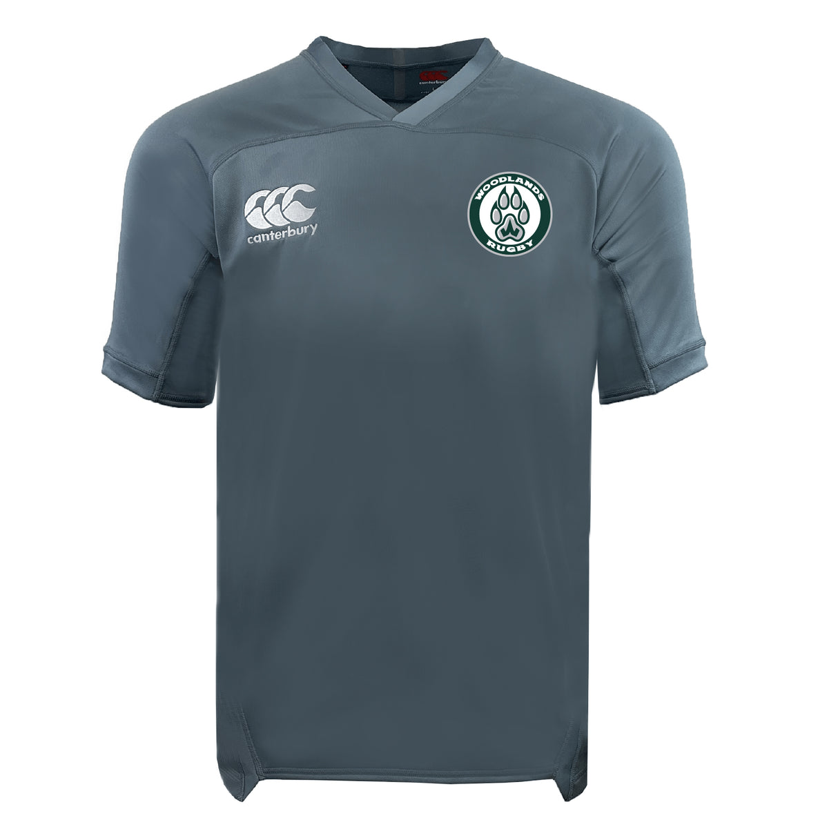 The Woodlands Youth Vapodri Evader Jersey by EMB Canterbury features a plain grey design, v-neck, moisture-wicking technology, Canterbury logo on the right chest, and a Scotland Rugby crest on the left.