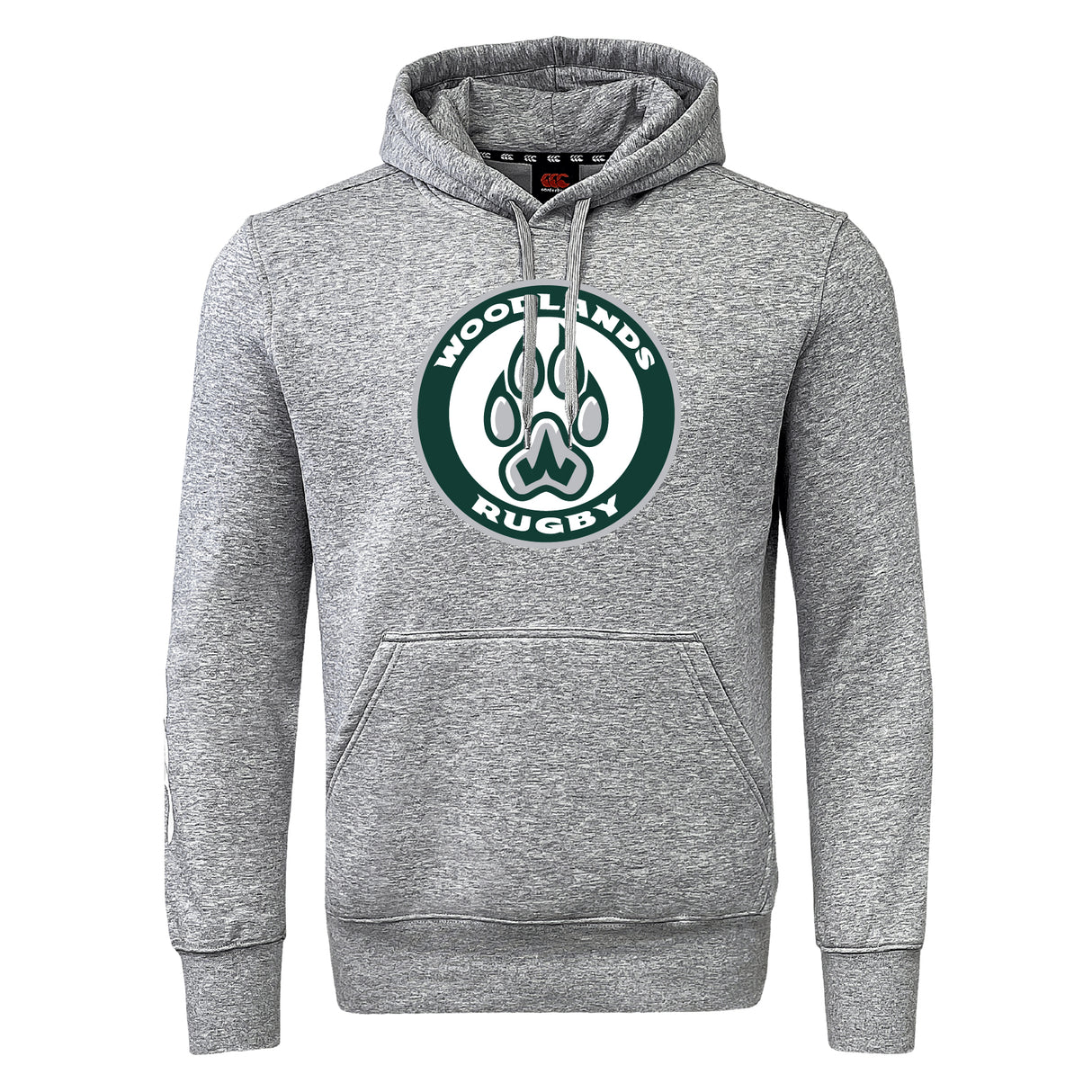 The Woodlands Youth Club Hoodie by Canterbury from WRS Canterbury features a gray design with a green and white "Woodlands Rugby" paw print logo—ideal for showing rugby club spirit.