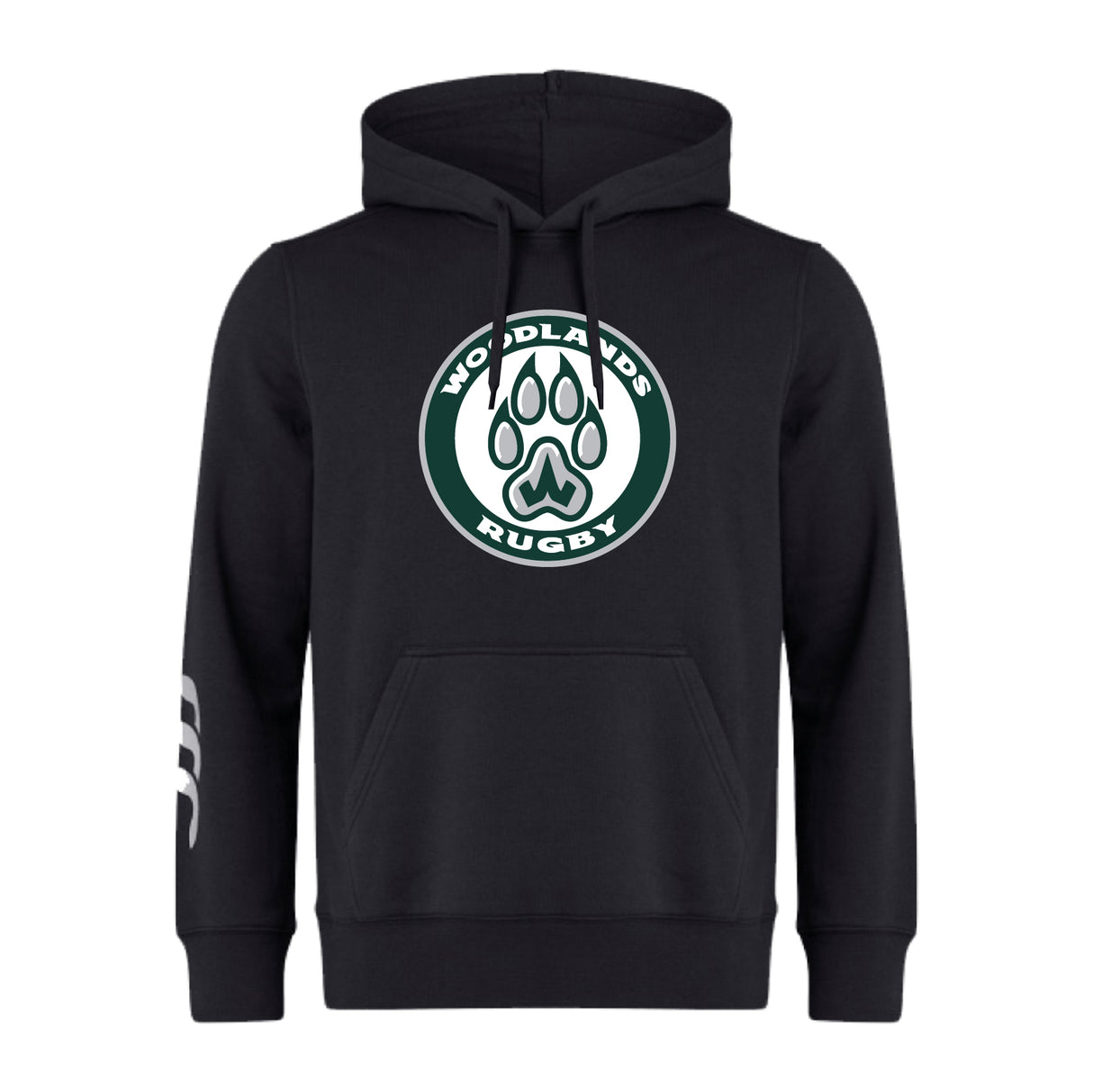 The Woodlands Youth Club Hoodie by WRS Canterbury features a front pocket, circular "Woodlands Rugby" paw print logo on the chest, and white stripes on the right sleeve—a perfect customizable team hoodie for any squad.