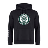 The Woodlands Youth Club Hoodie by WRS Canterbury features a front pocket, circular "Woodlands Rugby" paw print logo on the chest, and white stripes on the right sleeve—a perfect customizable team hoodie for any squad.