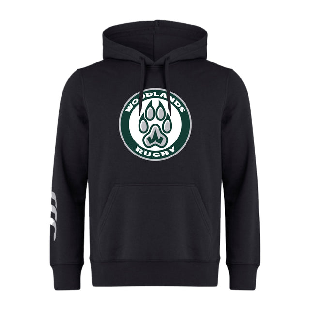The Woodlands Youth Club Hoodie by WRS Canterbury features a front pocket, circular "Woodlands Rugby" paw print logo on the chest, and white stripes on the right sleeve—a perfect customizable team hoodie for any squad.