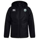 The Woodlands Youth Club Vaposhield Full Zip Rain Jacket by EMB Canterbury is a black zip-up with a white Canterbury logo on the right chest and a green and white club emblem on the left, featuring VapoShield water-resistant technology.