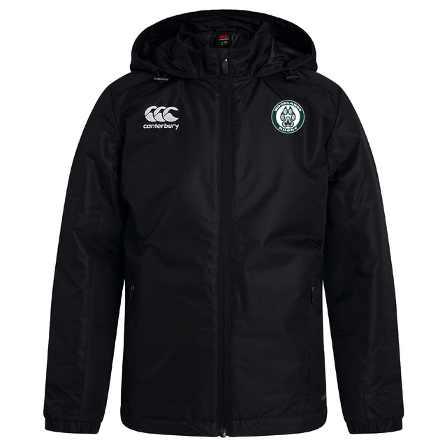 The Woodlands Youth Club Vaposhield Full Zip Rain Jacket by EMB Canterbury is a black zip-up with a white Canterbury logo on the right chest and a green and white club emblem on the left, featuring VapoShield water-resistant technology.