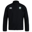 The Woodlands Youth Club Track Jacket by EMB Canterbury is a lightweight black jacket with long sleeves, featuring the Canterbury logo on the right chest and a circular green and white emblem on the left chest.