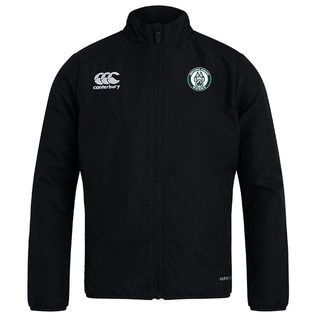 The Woodlands Youth Club Track Jacket by EMB Canterbury is a lightweight black jacket with long sleeves, featuring the Canterbury logo on the right chest and a circular green and white emblem on the left chest.