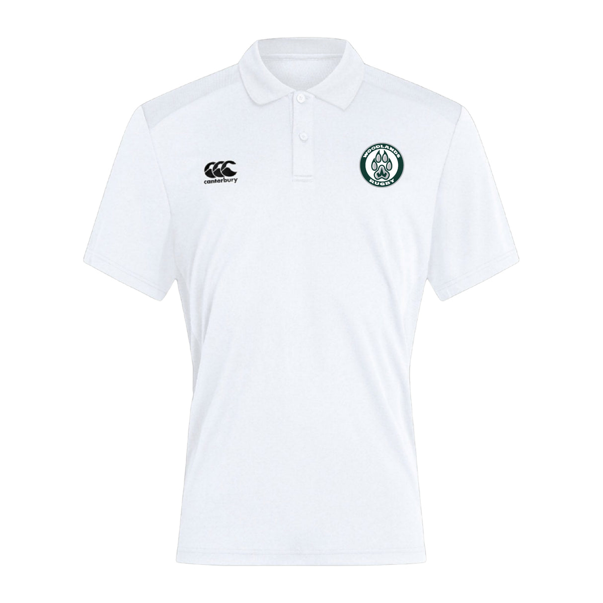 The Woodlands Youth Club Dry Polo by EMB Canterbury features a breathable design, green circular left-chest logo, black Canterbury logo with Vapodri Technology on the right, combining style and comfort.