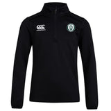 The Woodlands Youth Club 1/4 Zip Mid Layer Training Top by EMB Canterbury is a black, long-sleeve pullover with "Canterbury" and a round wolf logo on the left chest—ideal for rugby training.