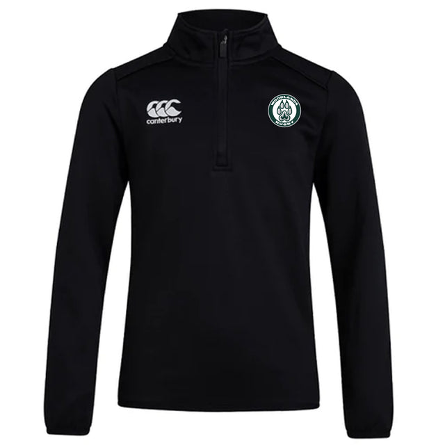 The Woodlands Youth Club 1/4 Zip Mid Layer Training Top by EMB Canterbury is a black, long-sleeve pullover with "Canterbury" and a round wolf logo on the left chest—ideal for rugby training.