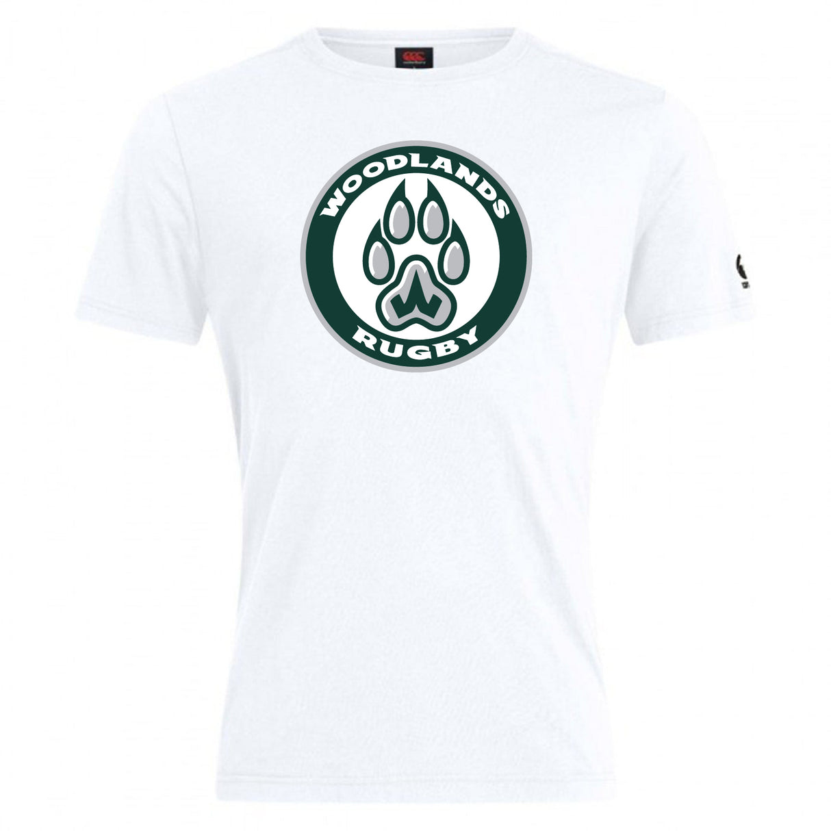 The Woodlands Youth Club Plain Tee by WRS Canterbury is a white cotton blend t-shirt with a large circular "Woodlands Rugby" logo and bear paw print on the chest.