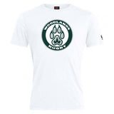 The Woodlands Youth Club Plain Tee by WRS Canterbury is a white cotton blend t-shirt with a large circular "Woodlands Rugby" logo and bear paw print on the chest.