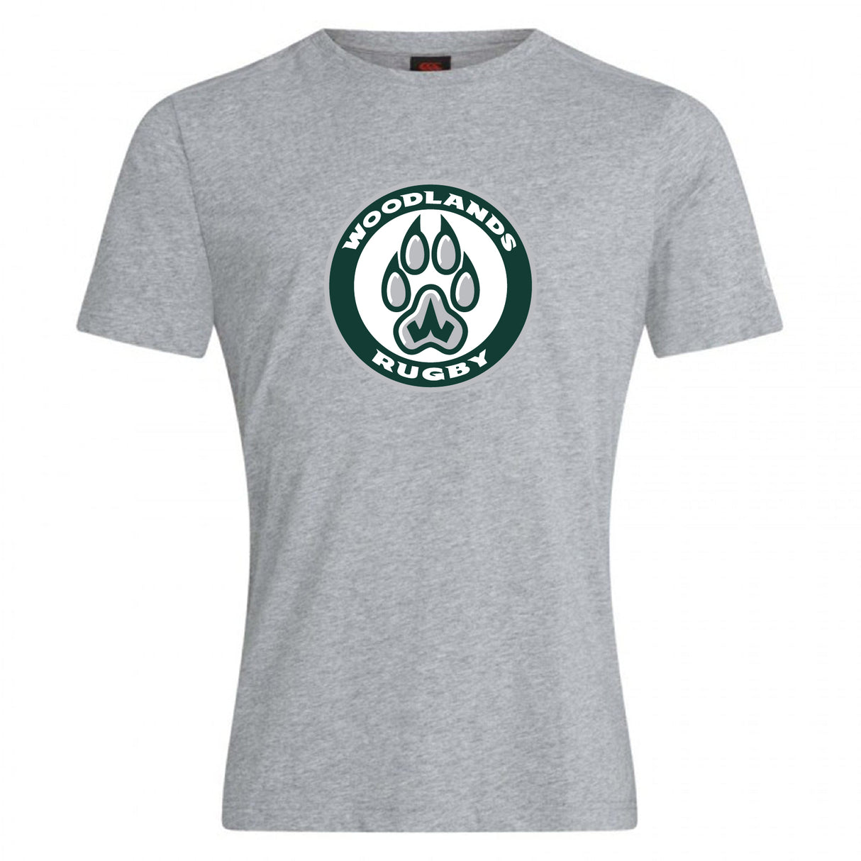The Woodlands Youth Club Plain Tee by WRS Canterbury is a gray cotton blend shirt featuring "Woodlands Rugby" text and a paw print logo in dark green and white, centered on the front. Comfortable, customizable, and perfect for showing team spirit.