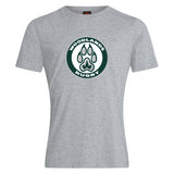 The Woodlands Youth Club Plain Tee by WRS Canterbury is a gray cotton blend shirt featuring "Woodlands Rugby" text and a paw print logo in dark green and white, centered on the front. Comfortable, customizable, and perfect for showing team spirit.