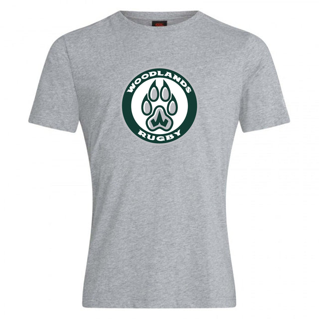 The Woodlands Youth Club Plain Tee by WRS Canterbury is a gray cotton blend shirt featuring "Woodlands Rugby" text and a paw print logo in dark green and white, centered on the front. Comfortable, customizable, and perfect for showing team spirit.
