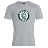 The Woodlands Youth Club Plain Tee by WRS Canterbury is a gray cotton blend shirt featuring "Woodlands Rugby" text and a paw print logo in dark green and white, centered on the front. Comfortable, customizable, and perfect for showing team spirit.