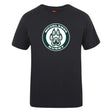 The Woodlands Youth Club Plain Tee by WRS Canterbury is a black cotton blend t-shirt featuring the "Woodlands Rugby" logo and a large paw print design on the front.