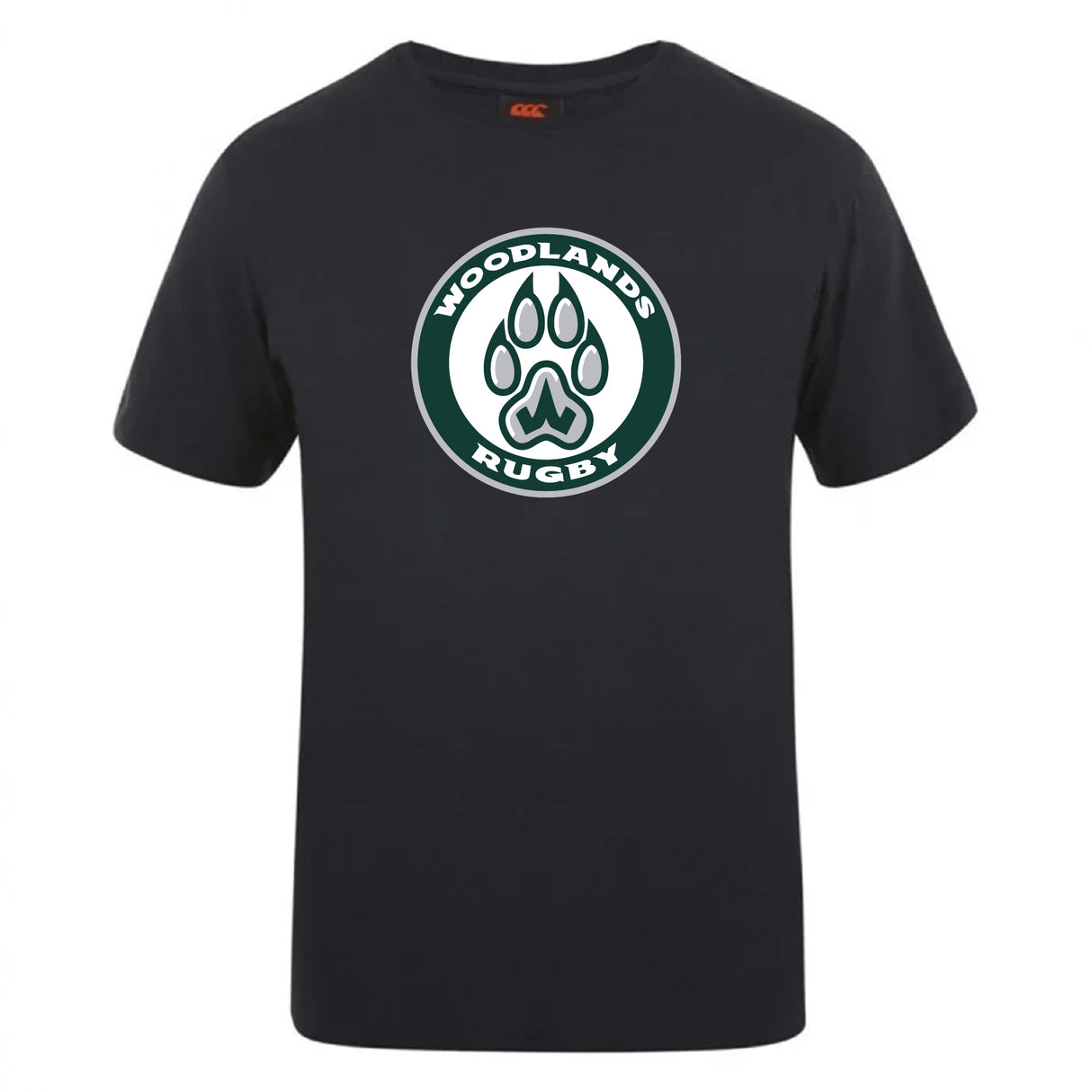 The Woodlands Youth Club Plain Tee by WRS Canterbury is a black cotton blend t-shirt featuring the "Woodlands Rugby" logo and a large paw print design on the front.