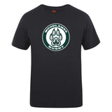 The Woodlands Youth Club Plain Tee by WRS Canterbury is a black cotton blend t-shirt featuring the "Woodlands Rugby" logo and a large paw print design on the front.