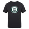 The Woodlands Youth Club Plain Tee by WRS Canterbury is a black cotton blend t-shirt featuring the "Woodlands Rugby" logo and a large paw print design on the front.