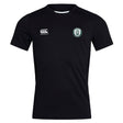 The Woodlands Youth Club Dry Tee by EMB Canterbury is a black short-sleeved top with a right chest Canterbury logo, left circular green and white emblem, and Vapodri Technology for breathable comfort during workouts.