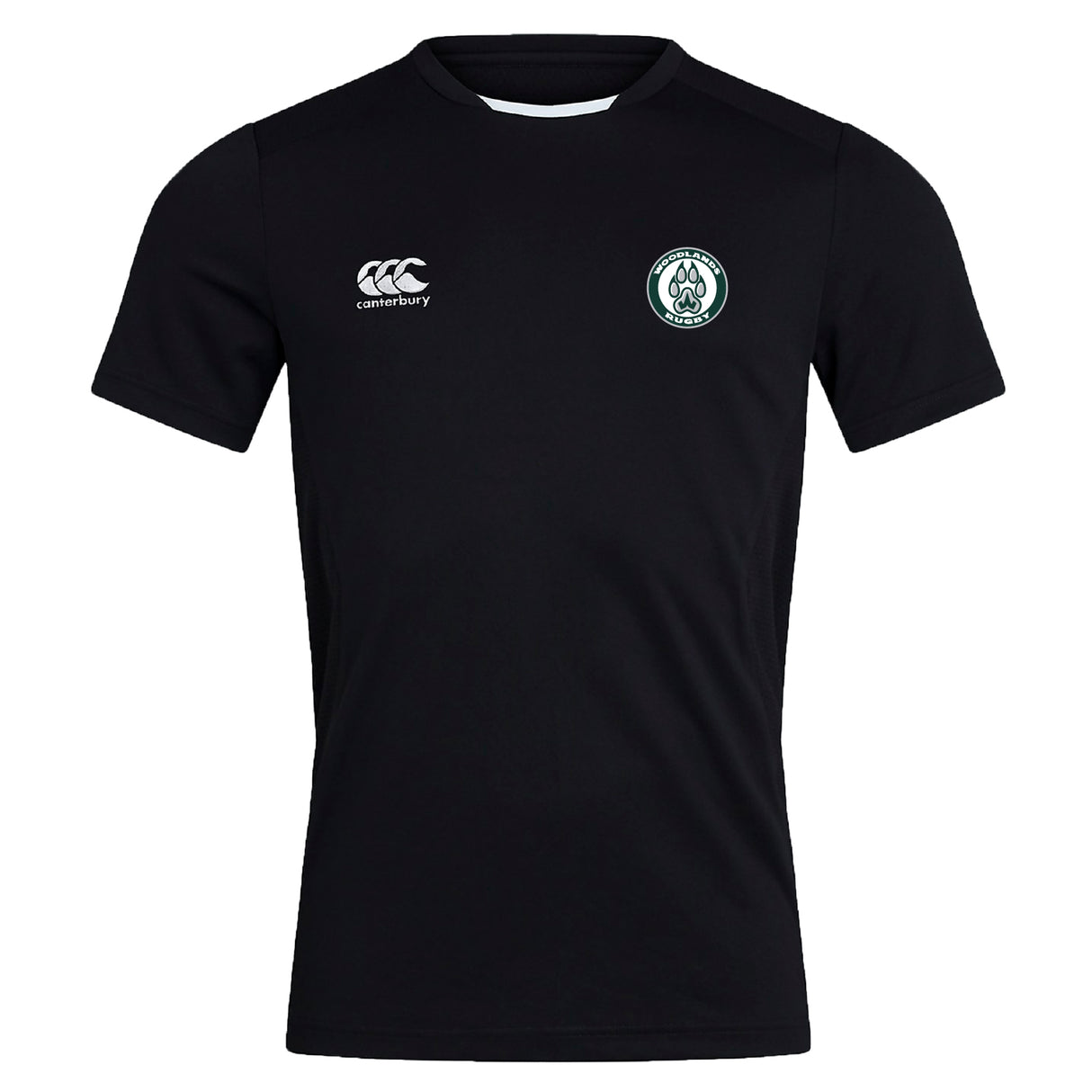 The Woodlands Youth Club Dry Tee by EMB Canterbury is a black short-sleeved top with a right chest Canterbury logo, left circular green and white emblem, and Vapodri Technology for breathable comfort during workouts.