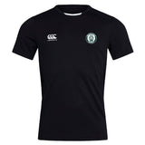 The Woodlands Youth Club Dry Tee by EMB Canterbury is a black short-sleeved top with a right chest Canterbury logo, left circular green and white emblem, and Vapodri Technology for breathable comfort during workouts.