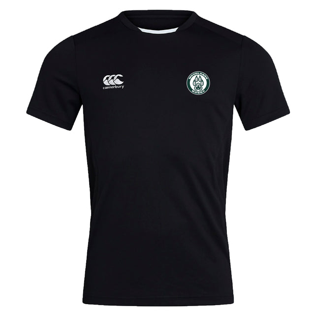 The Woodlands Youth Club Dry Tee by EMB Canterbury is a black short-sleeved top with a right chest Canterbury logo, left circular green and white emblem, and Vapodri Technology for breathable comfort during workouts.