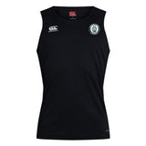 The Woodlands Youth Club Dry Singlet by EMB Canterbury is a black athletic top with Vapodri Technology, featuring a white logo on the right chest and a green-and-white emblem on the left—ideal for peak performance.