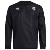 The Woodlands Youth Club Vaposhield Contact Top by EMB Canterbury is a black long-sleeve rugby top with an embroidered circular wolf paw logo—perfect custom apparel for training or game day.